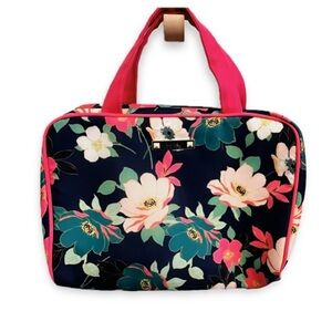 Nicole Miller Floral Makeup Bag Travel Cosmetic Case Navy Pink Goldtone Hardware